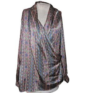 Multicolor Satin Long Sleeve Wrap Blouse Size 16